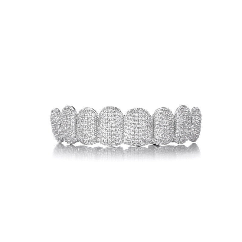 DatNewDrip iced out hip hop grillz full silver front teeth pave diamonds luxury bling accessory