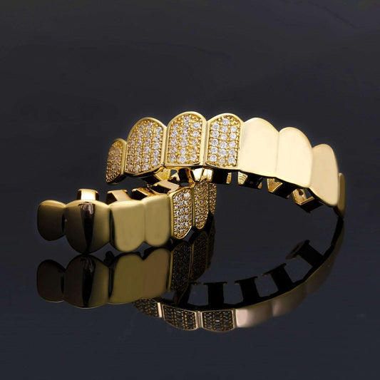 DatNewDrip gold grillz set with pave diamonds on upper and lower teeth iced out grillz for sale