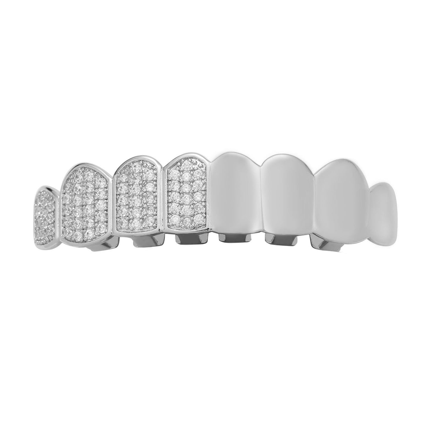 DatNewDrip iced out grillz for sale silver upper set with pave diamond front teeth and smooth caps