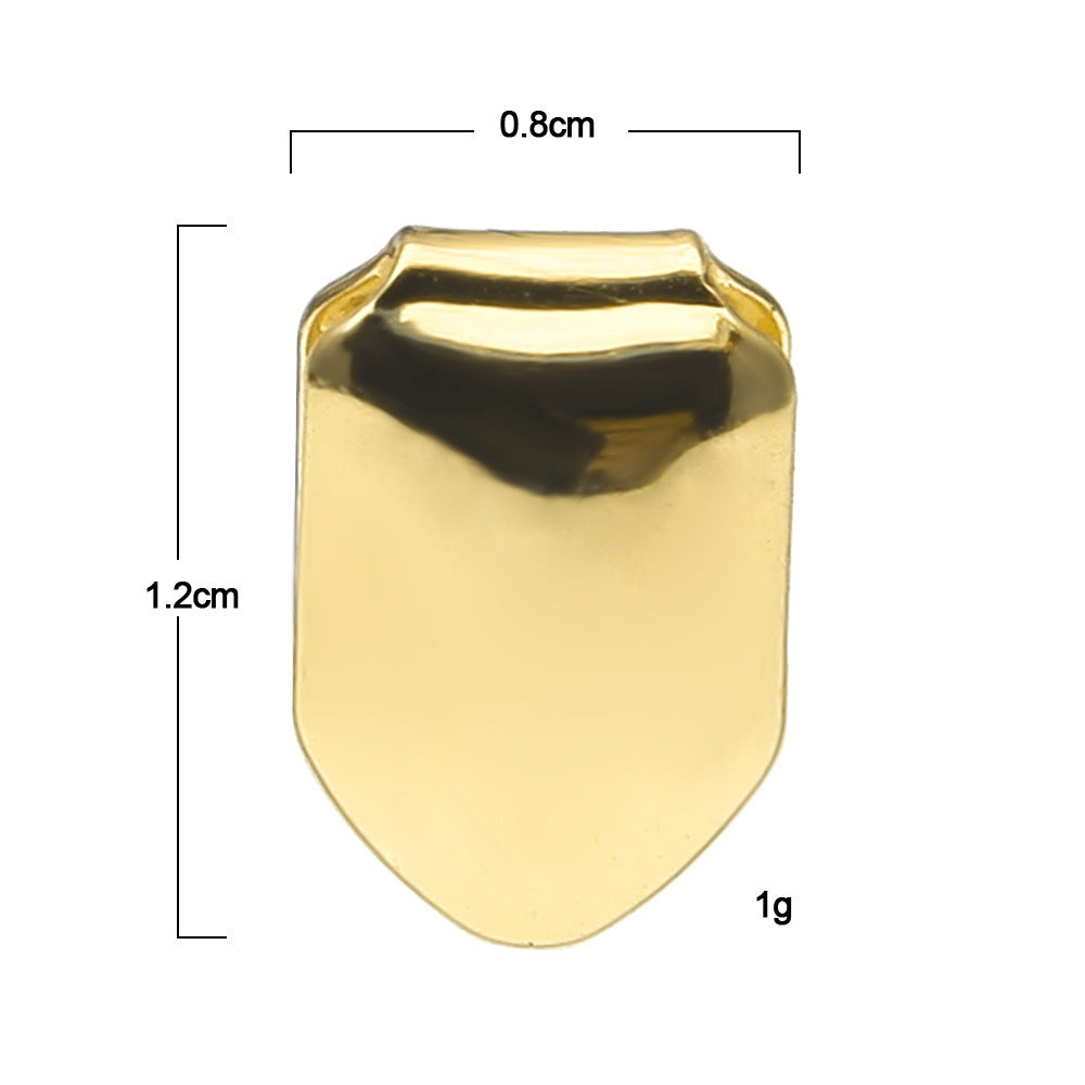 Gold plated single tooth grillz cap shiny front view showing 0.8 cm width 1.2 cm height lightweight 1 g