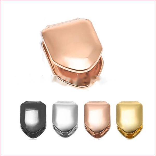 single tooth grillz in black silver rose gold and yellow gold metal cap for hip hop style