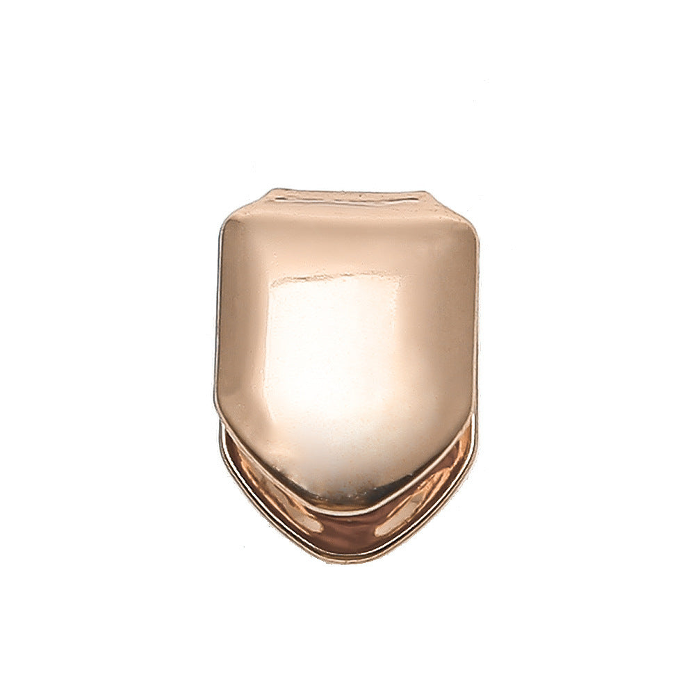 Rose gold polished single tooth grillz cap in smooth shield style for upper front tooth