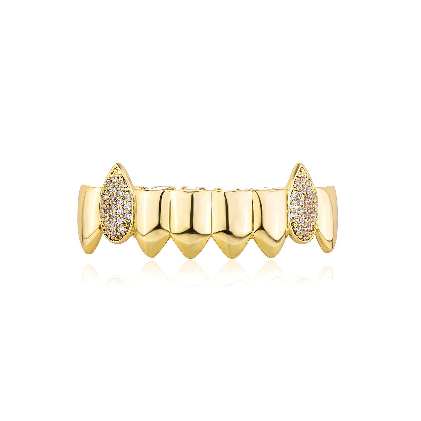 Gold tone upper tooth grill with diamond pave fangs on each end iced out fang grillz for style