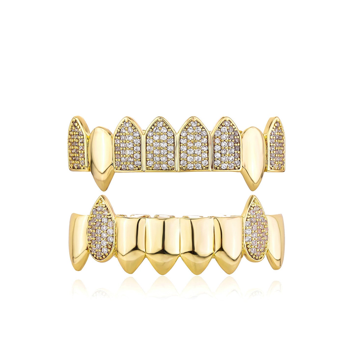 Gold iced out fang grillz set with pave cubic zirconia top and bottom fangs for bold statement style