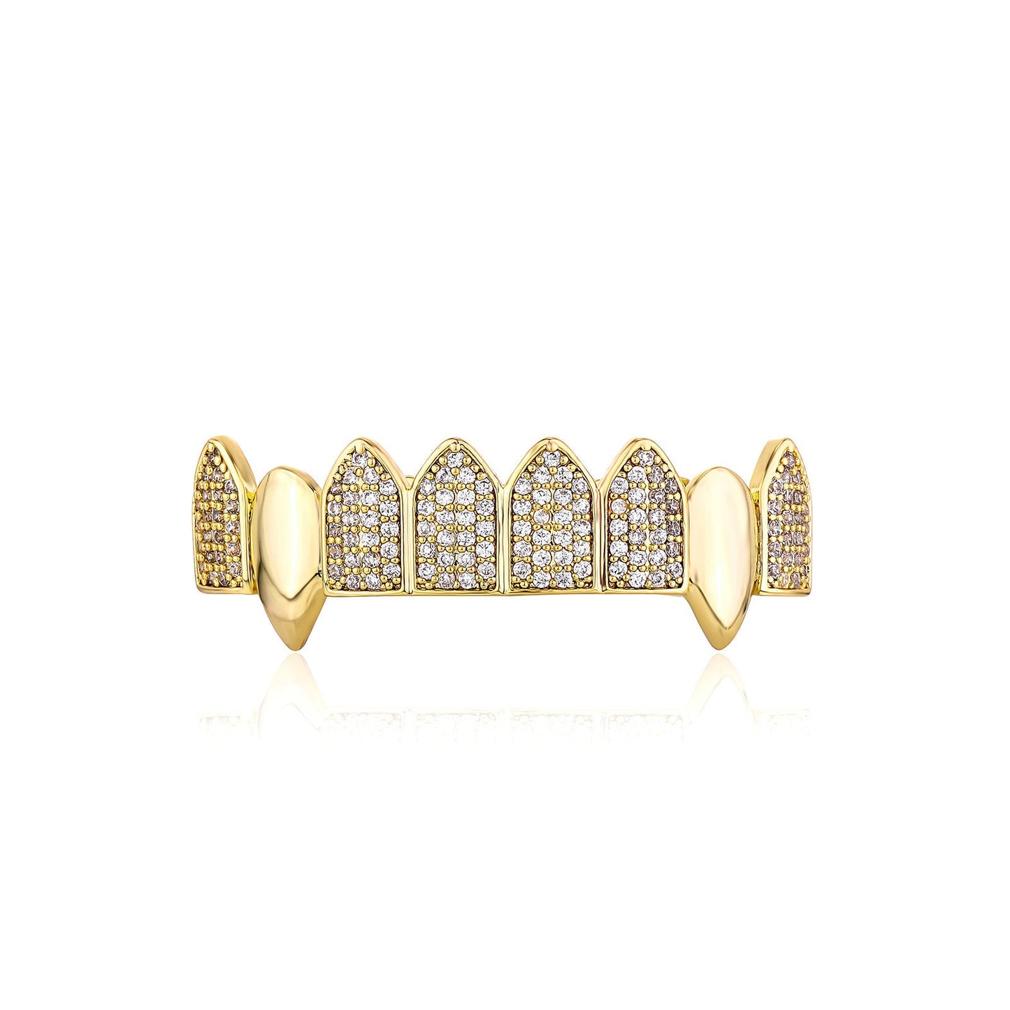 Gold plated iced out fang grillz upper teeth with pave cubic zirconia stones luxury hip hop look