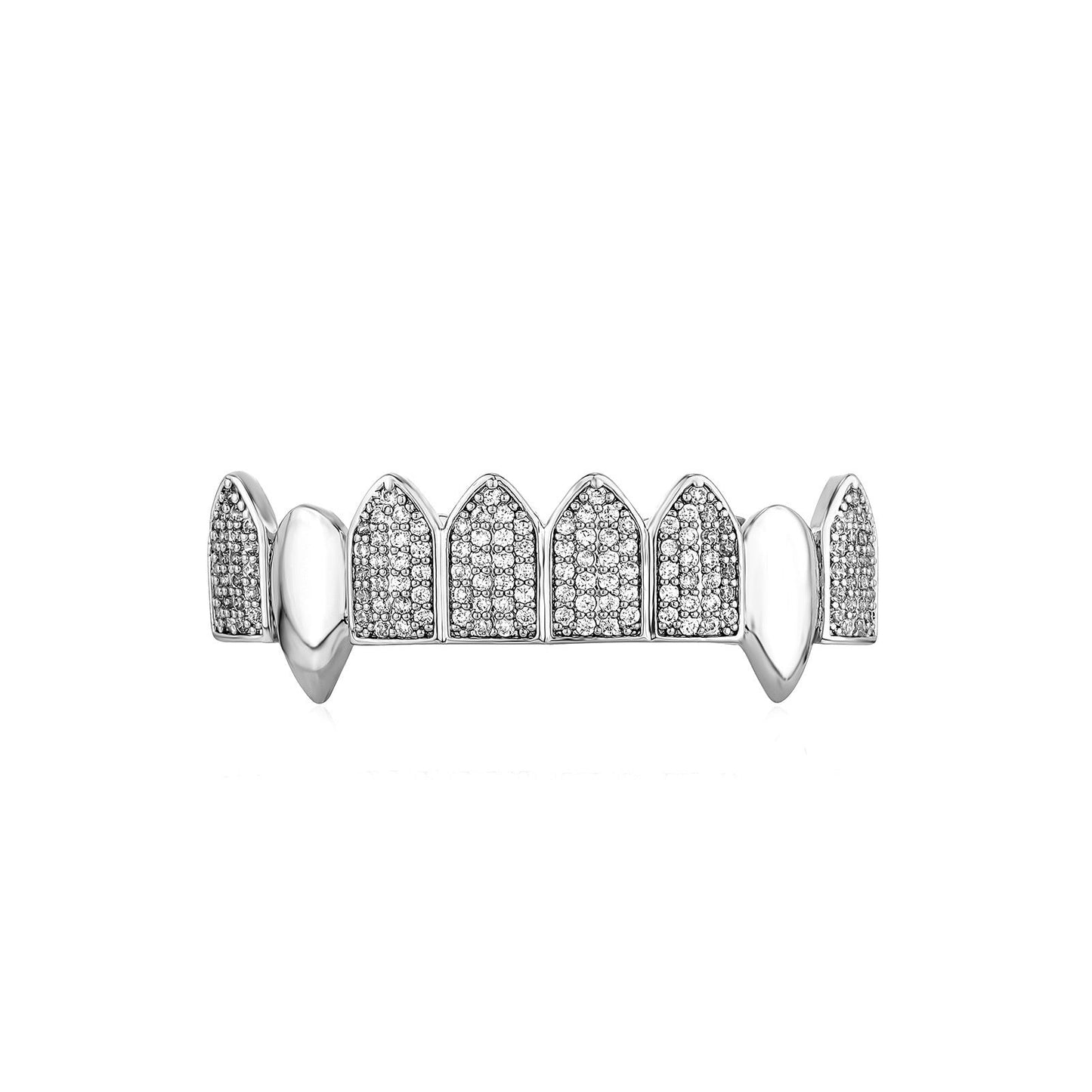 Silver iced out fang grillz with pave crystals on six teeth and two pointed fang caps for bold street style