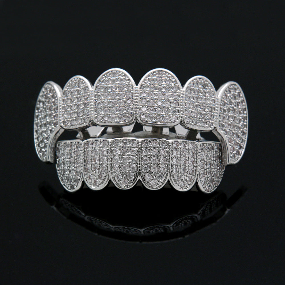 DatNewDrip iced out vampire fang grillz silver pave diamond full top and bottom custom fit