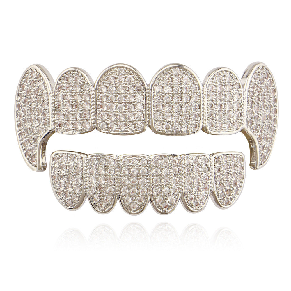 DatNewDrip iced out vampire fang grillz silver pave rhinestone top and bottom set