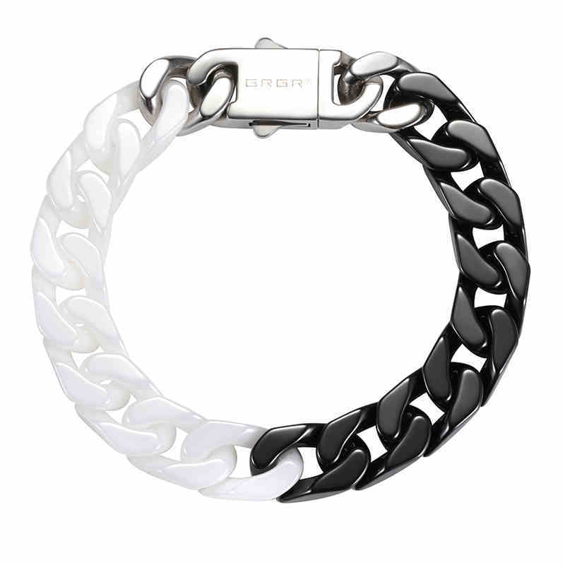 Ceramic Curbed Cuban Link Chain Style White Black Silver Bracelet