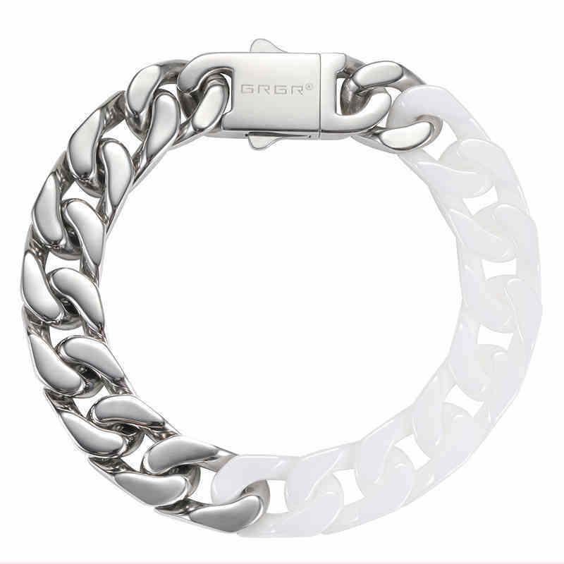 Ceramic Curbed Cuban Link Chain Style White Black Silver Bracelet