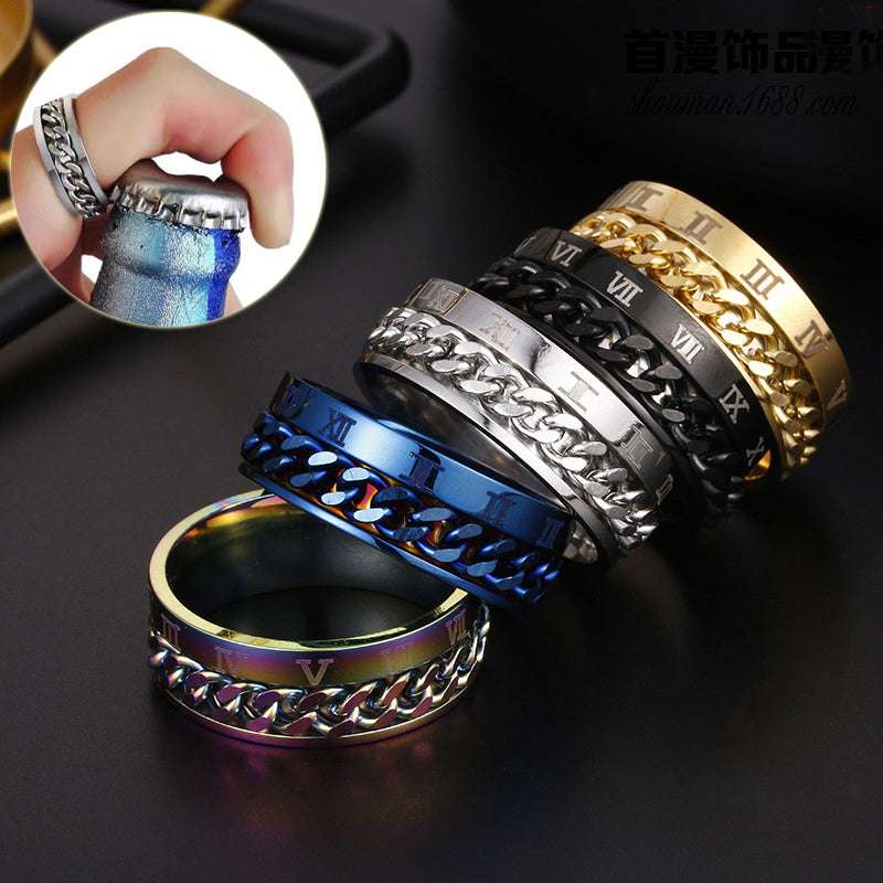 Titanium Rotatable Chain Fidget Spinner Bottle Opener Roman Numeral Ring