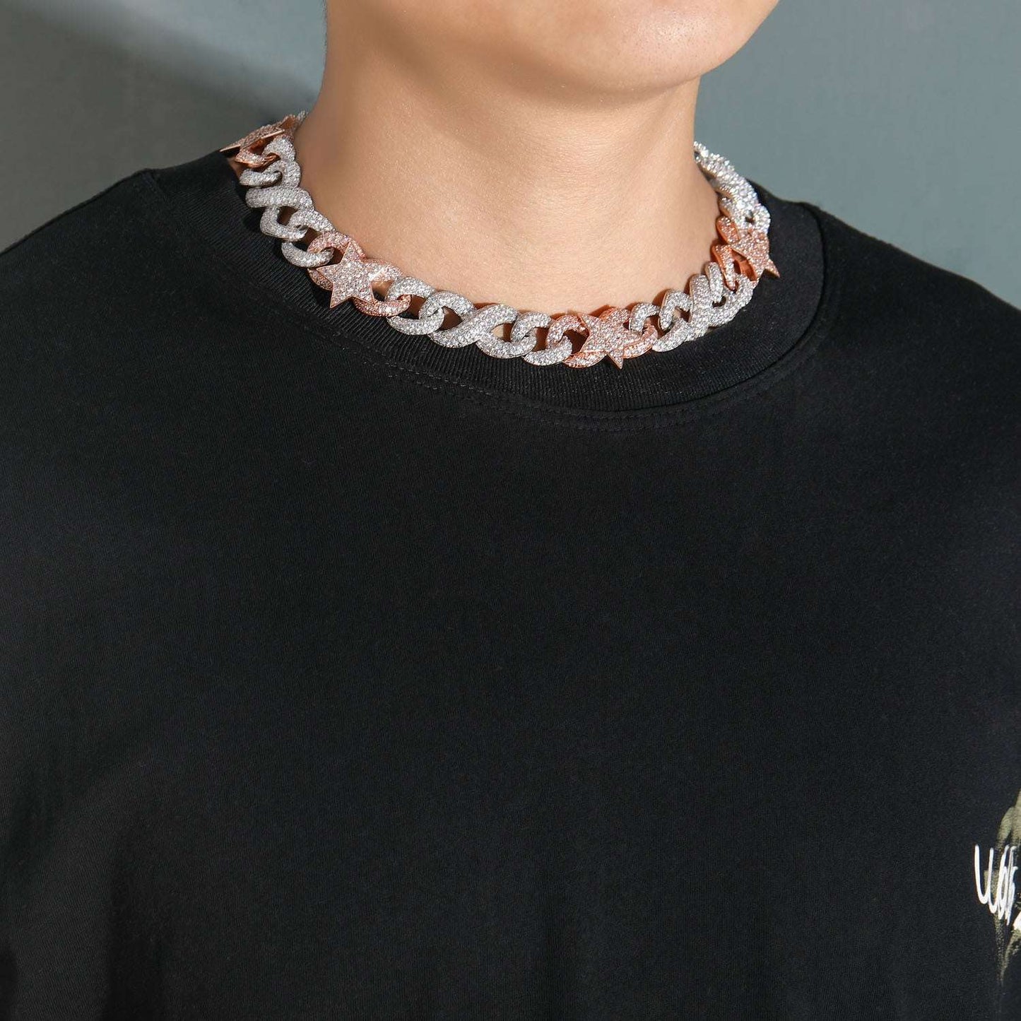 Iced Out Two-Tone Five-Pointed Star Vision Clasp Necklace Chain