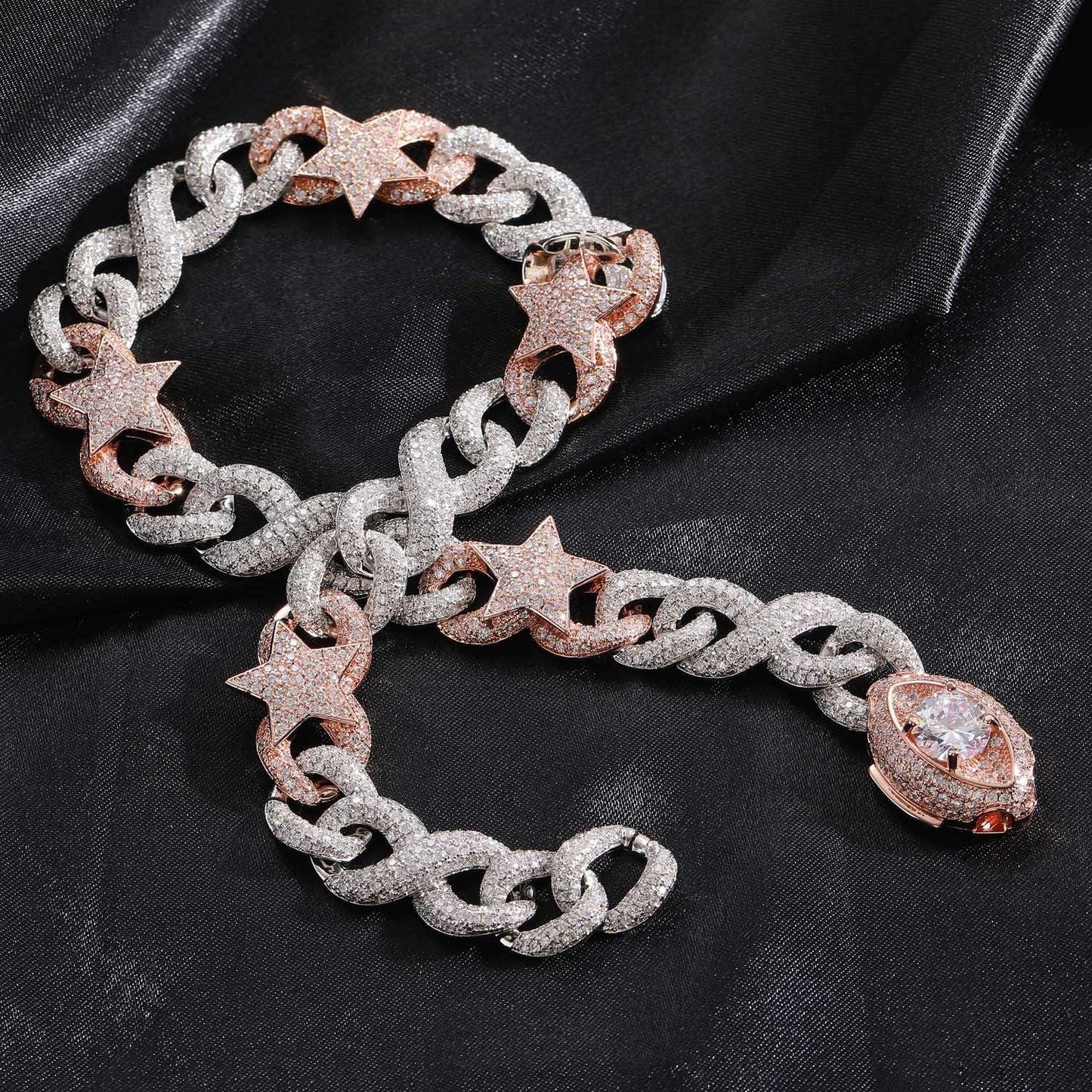 Iced Out Two-Tone Five-Pointed Star Vision Clasp Necklace Chain