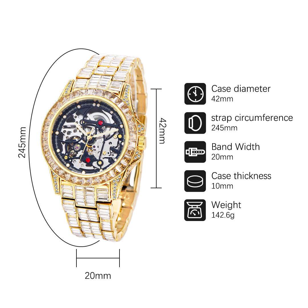 Iced Out Hollow Mechanical Baguette Lined Band Watch