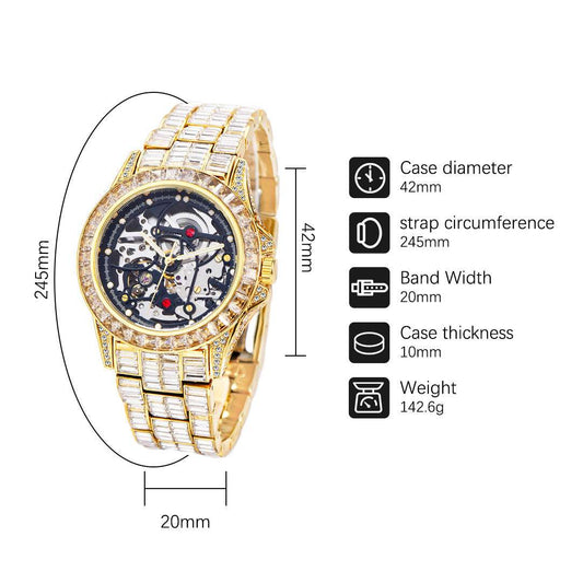 Iced Out Hollow Mechanical Baguette Lined Band Watch