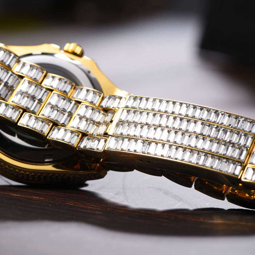 Iced Out Hollow Mechanical Baguette Lined Band Watch