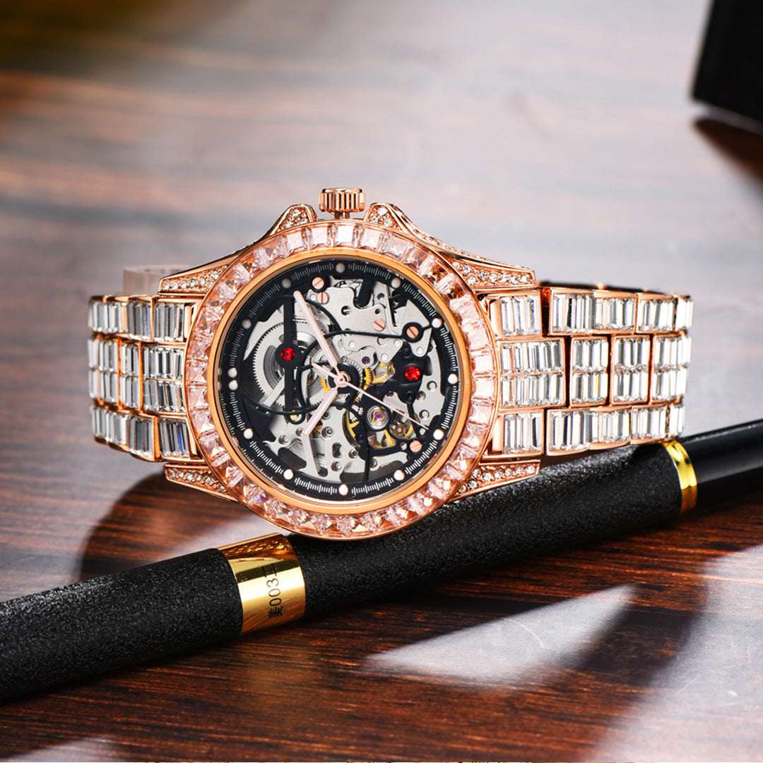 Iced Out Hollow Mechanical Baguette Lined Band Watch