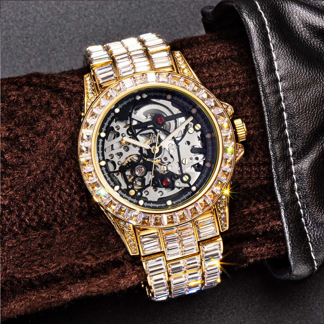 Iced Out Hollow Mechanical Baguette Lined Band Watch
