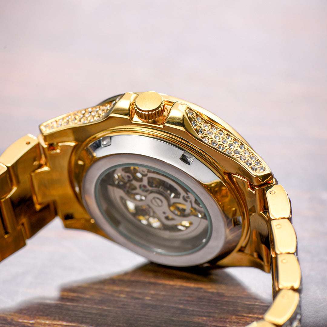 Iced Out Hollow Mechanical Baguette Lined Band Watch