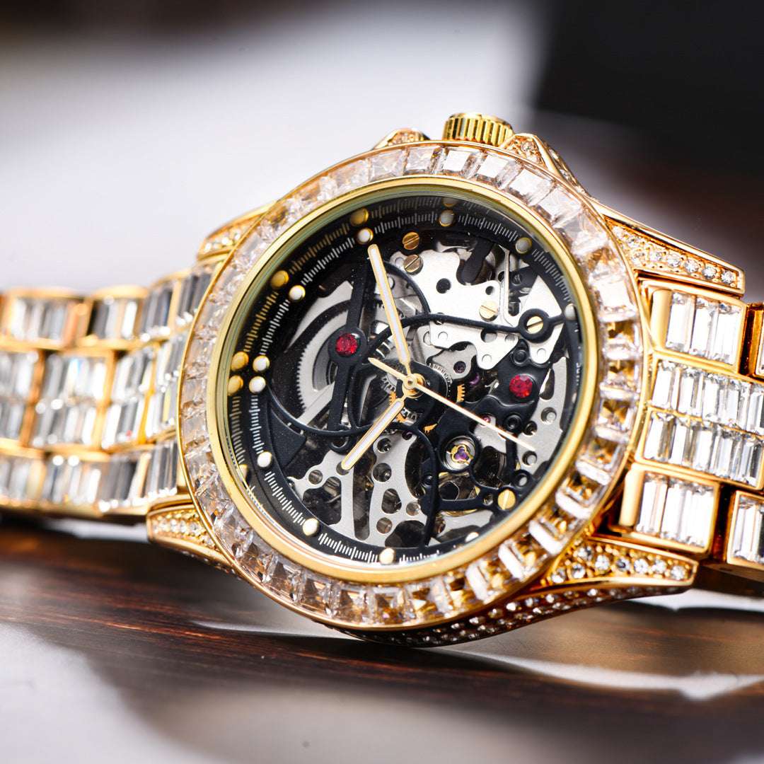 Iced Out Hollow Mechanical Baguette Lined Band Watch