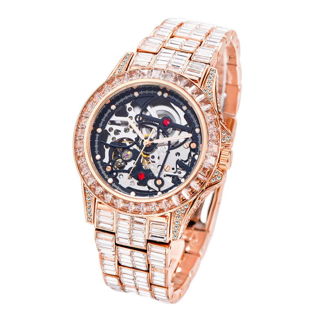 Iced Out Hollow Mechanical Baguette Lined Band Watch