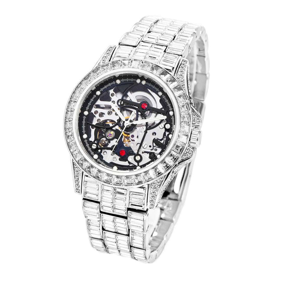 Iced Out Hollow Mechanical Baguette Lined Band Watch