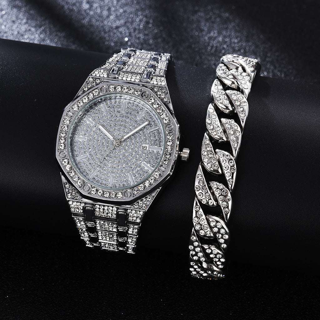 Iced Out Octagon Two Tone Band Watch & Bracelet Set