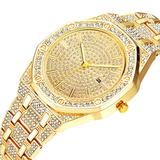 Iced Out Octagon Two Tone Band Watch & Bracelet Set
