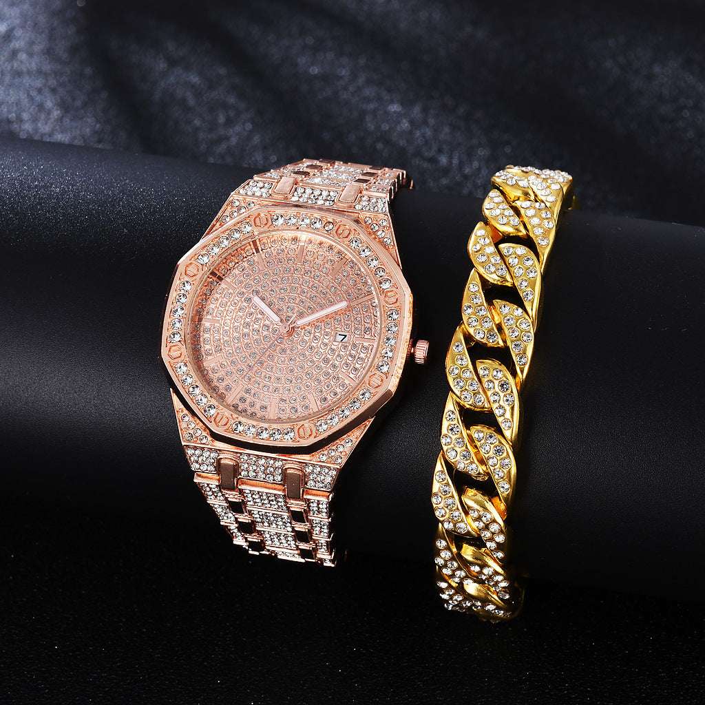 Iced Out Octagon Two Tone Band Watch & Bracelet Set