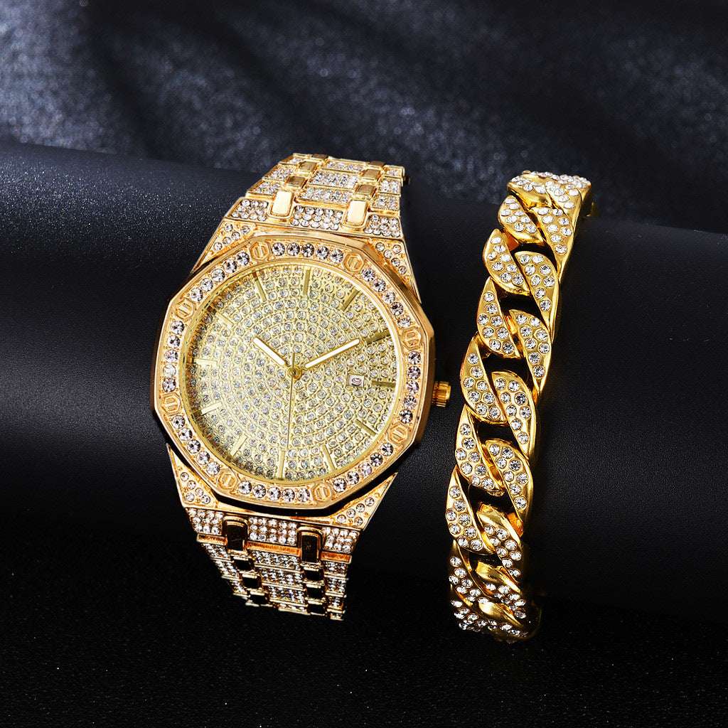 Iced Out Octagon Two Tone Band Watch & Bracelet Set