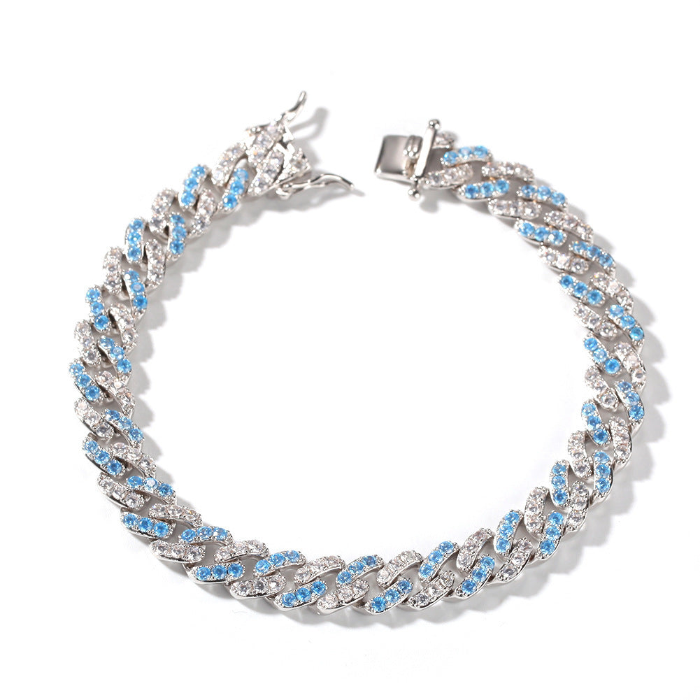 Iced Out Half Blue Cuban Link Necklace Chain 7-20in