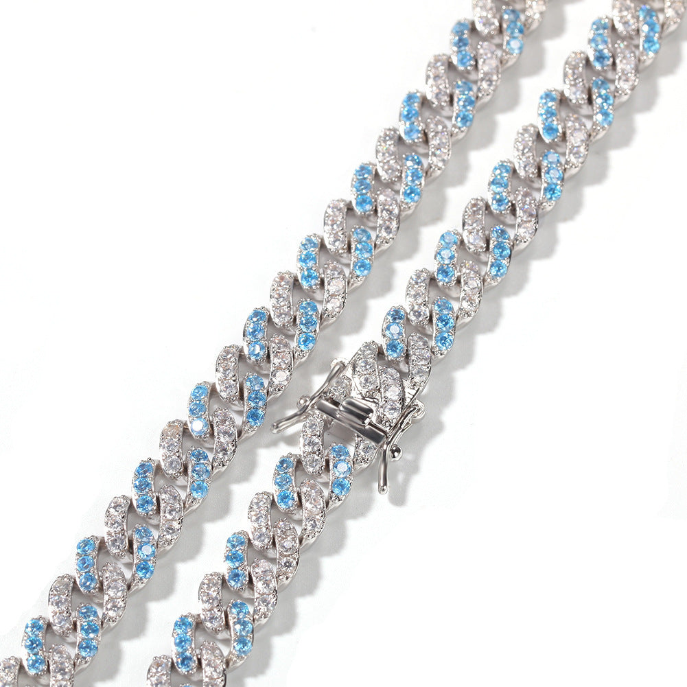 Iced Out Half Blue Cuban Link Necklace Chain 7-20in