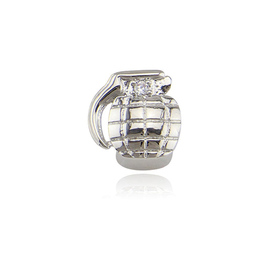 Silver grenade tooth grillz cap with grid pattern and clear stone accent for single tooth