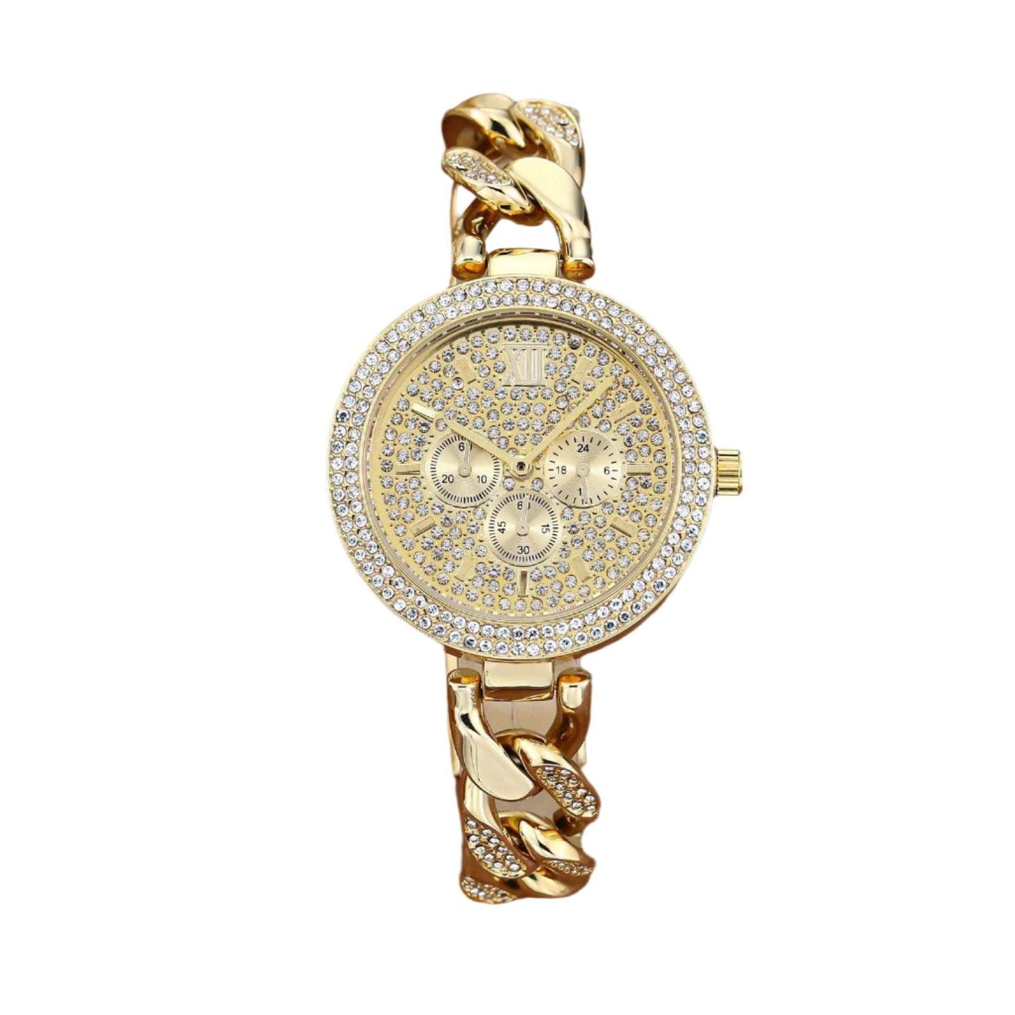 Iced Out Round Face Cuban Link Band Ladies Watch