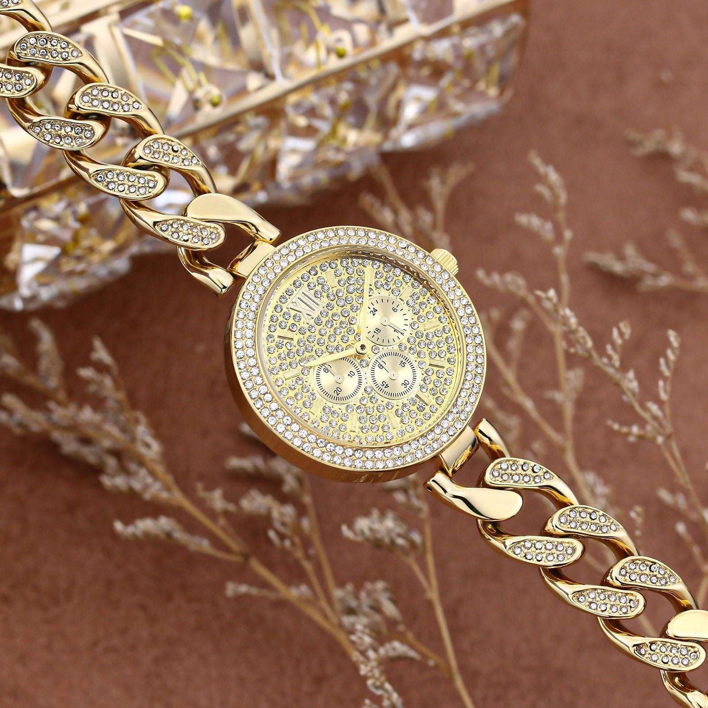 Iced Out Round Face Cuban Link Band Ladies Watch