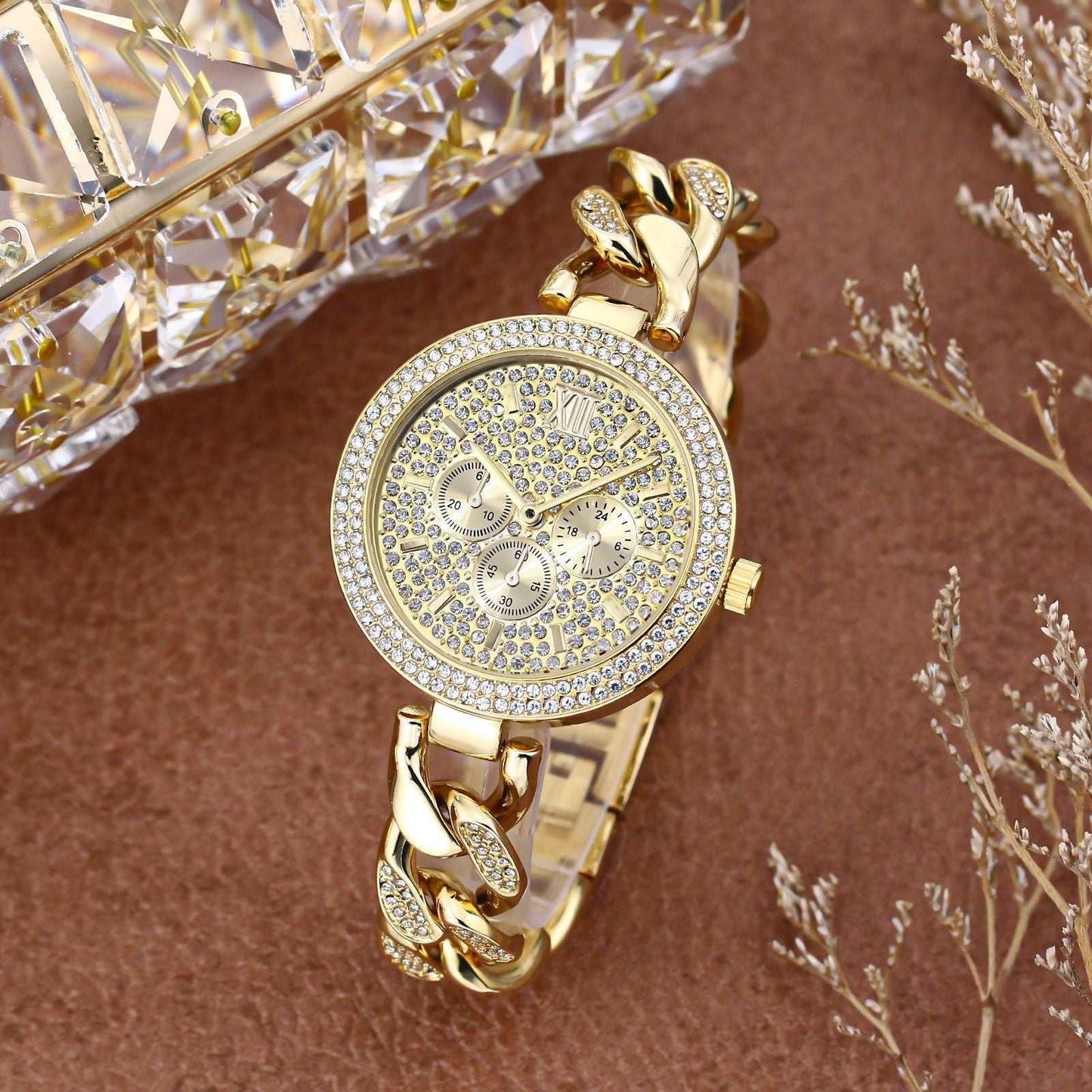 Iced Out Round Face Cuban Link Band Ladies Watch