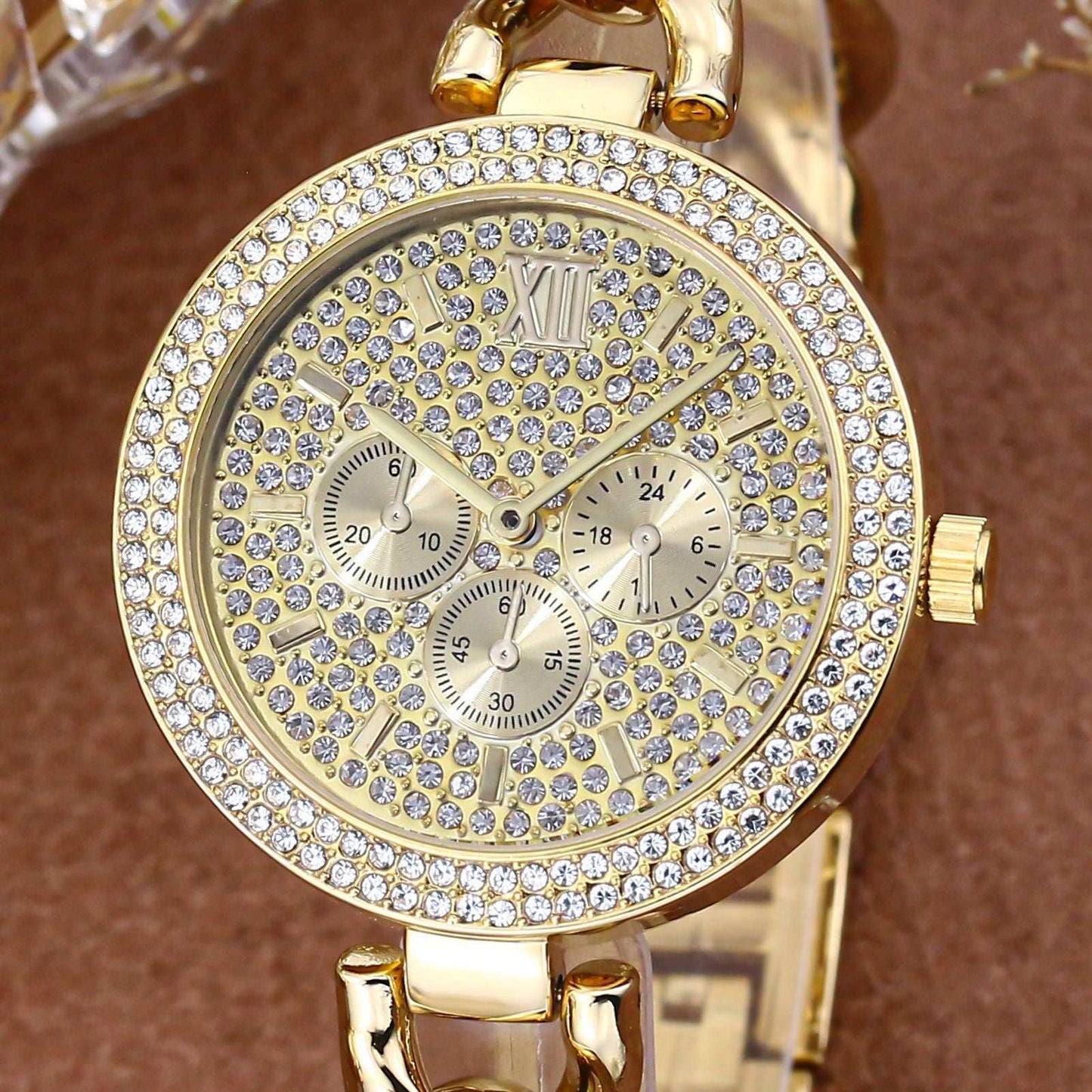 Iced Out Round Face Cuban Link Band Ladies Watch