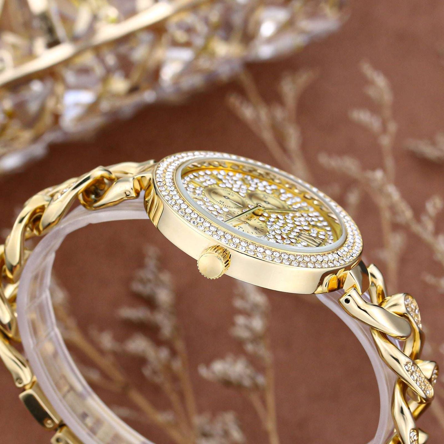 Iced Out Round Face Cuban Link Band Ladies Watch