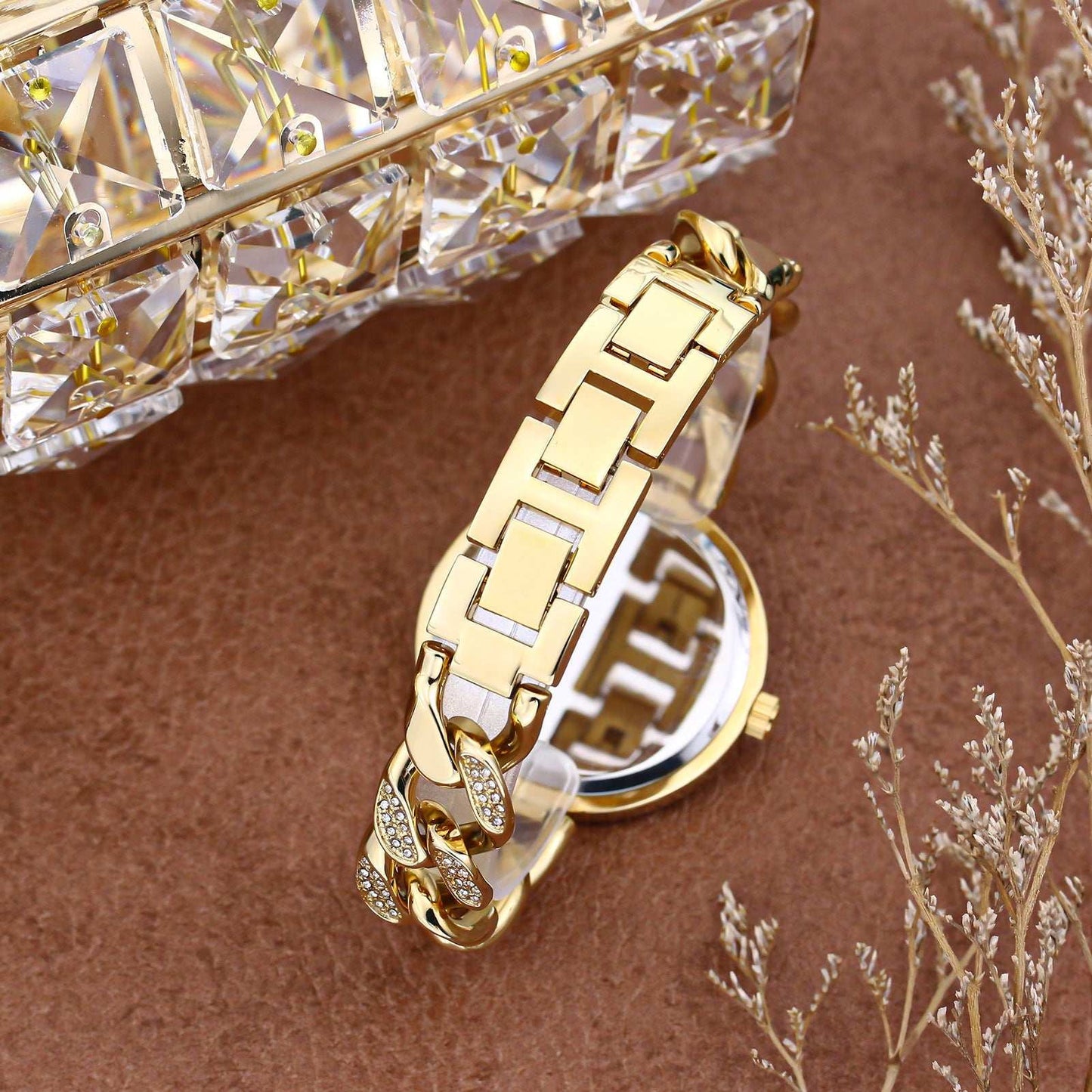 Iced Out Round Face Cuban Link Band Ladies Watch