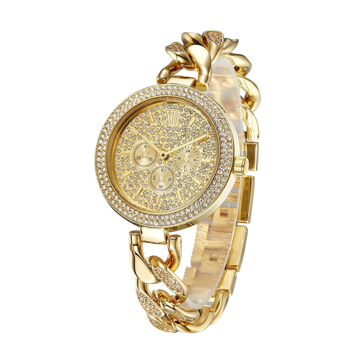 Iced Out Round Face Cuban Link Band Ladies Watch