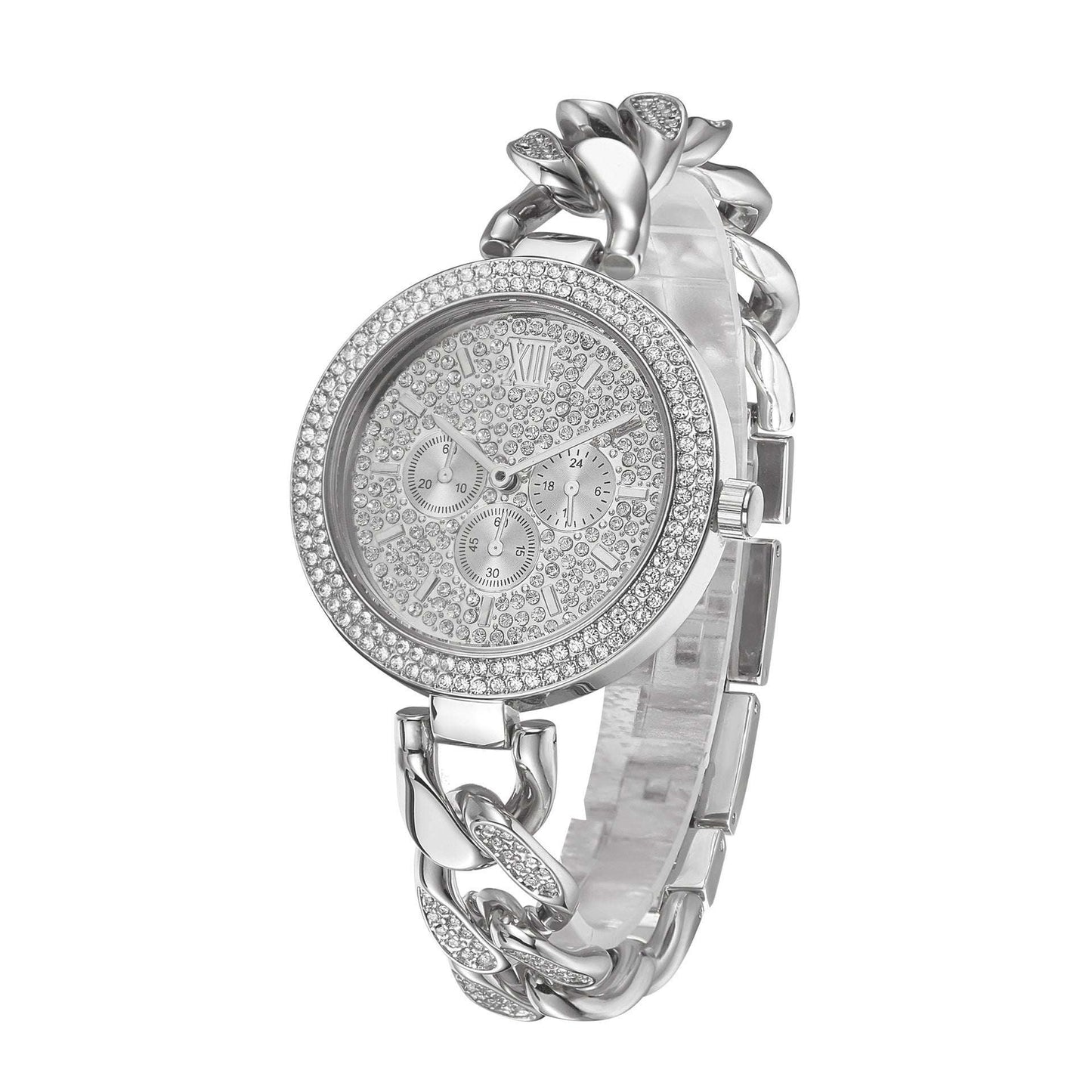 Iced Out Round Face Cuban Link Band Ladies Watch