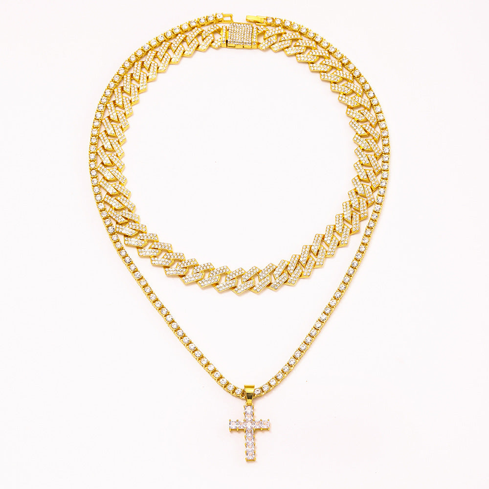 Iced Out Cross Pendant + Tennis Chain Necklace + Miami Curb Cuban Link Clavicle Chain - DATNEWDRIP