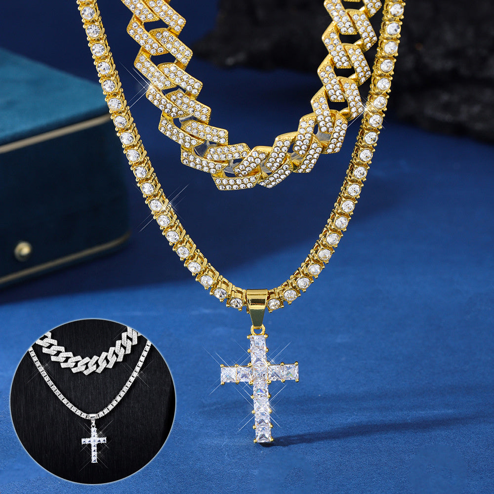 Iced Out Cross Pendant + Tennis Chain Necklace + Miami Curb Cuban Link Clavicle Chain - DATNEWDRIP