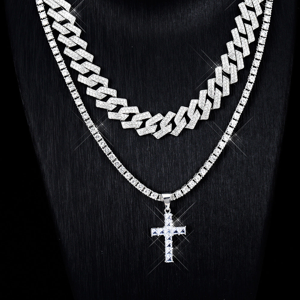 Iced Out Cross Pendant + Tennis Chain Necklace + Miami Curb Cuban Link Clavicle Chain - DATNEWDRIP