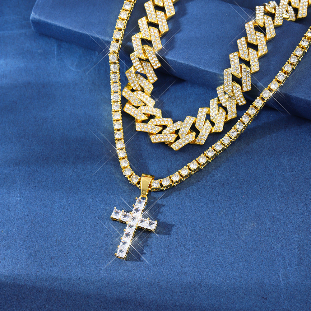 Iced Out Cross Pendant + Tennis Chain Necklace + Miami Curb Cuban Link Clavicle Chain - DATNEWDRIP