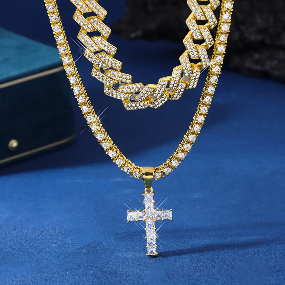 Iced Out Cross Pendant + Tennis Chain Necklace + Miami Curb Cuban Link Clavicle Chain - DATNEWDRIP
