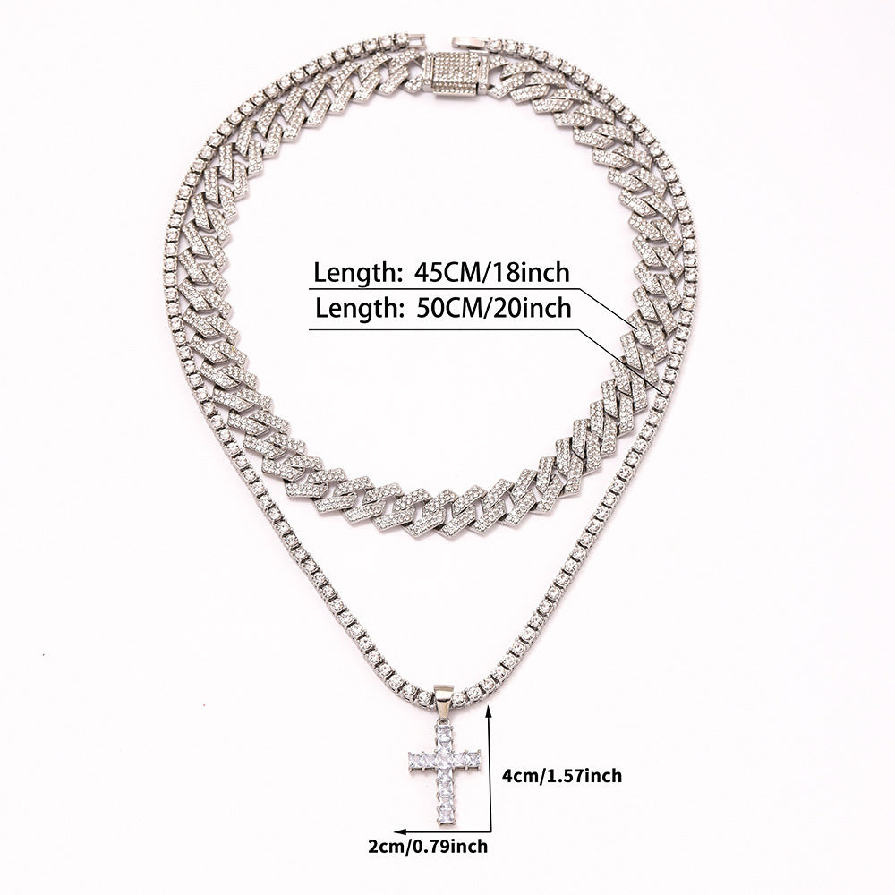 Iced Out Cross Pendant + Tennis Chain Necklace + Miami Curb Cuban Link Clavicle Chain - DATNEWDRIP