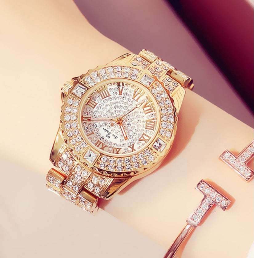 Iced Out Square Gem Quarter Hour Ladies Watch