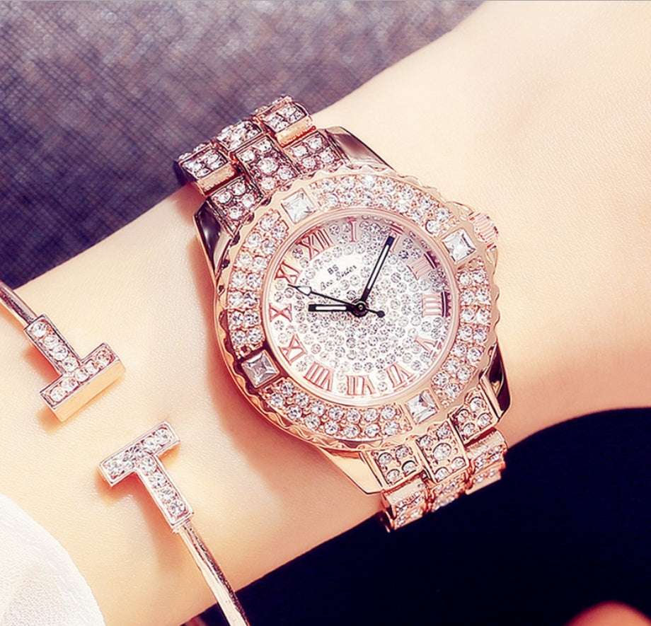 Iced Out Square Gem Quarter Hour Ladies Watch