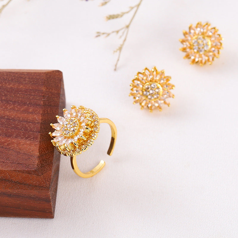3 Piece Elegant Sunflower Pendant & Chain Necklace + Ear Studs + RingEarrings Fashion Exquisite Micro Seed Jewelry Ring - DATNEWDRIP